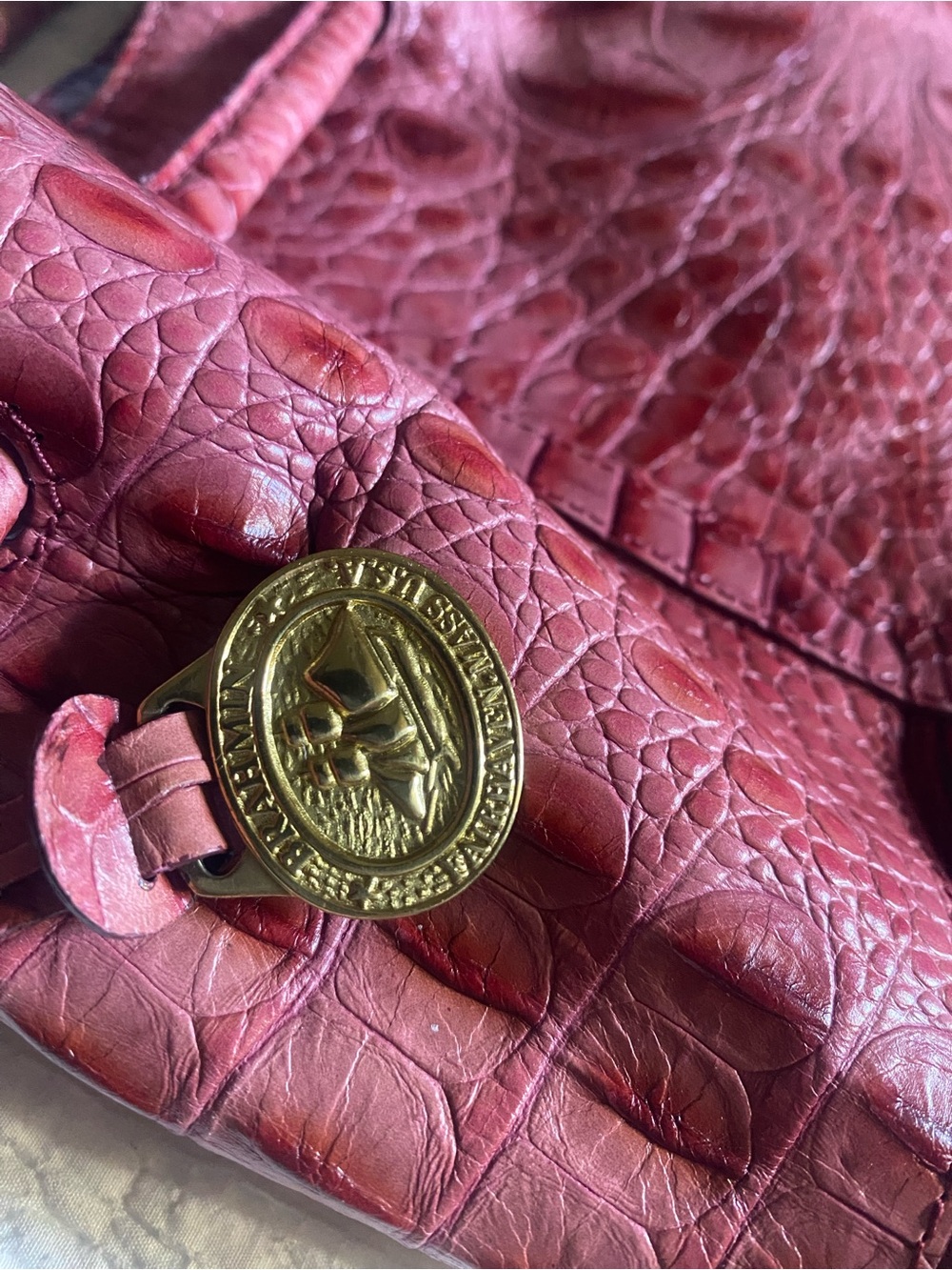 Brahmin Croc Embossed Leather Satchel Tote Shoulder Bag Rose Pink Brass Charm
